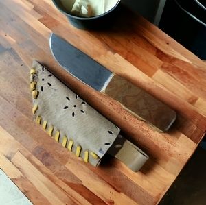 Grey Fox Leather Sheath Steel Knife Copper Wooden Handle Kitchen Trimming Meat